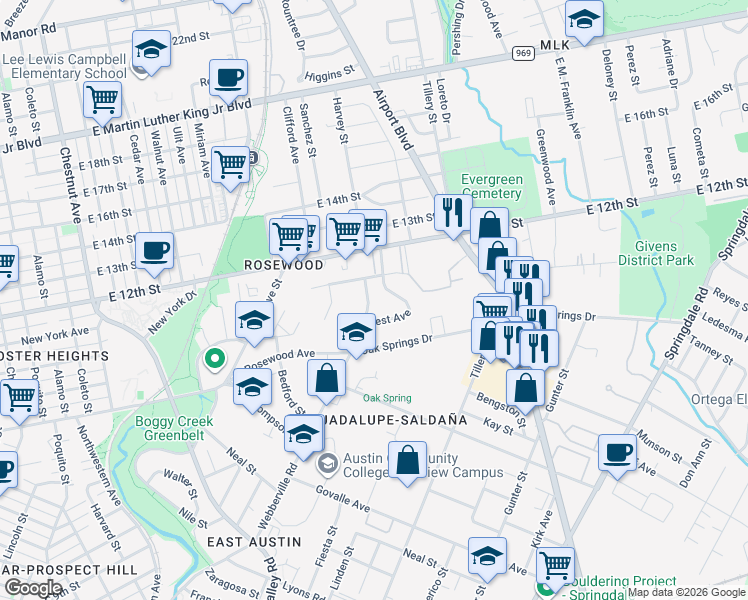 map of restaurants, bars, coffee shops, grocery stores, and more near 1183 Ridgeway Drive in Austin