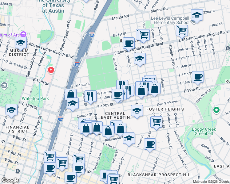 map of restaurants, bars, coffee shops, grocery stores, and more near 1402 Bob Harrison Street in Austin