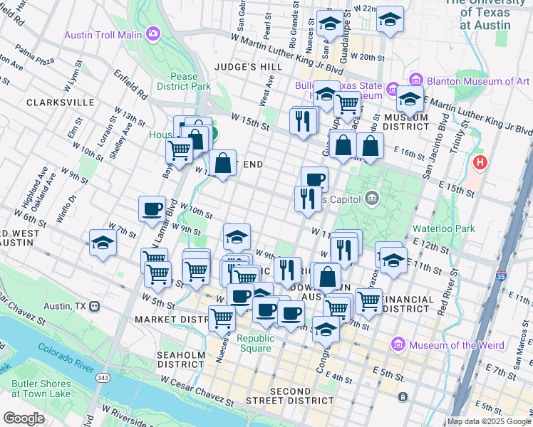 map of restaurants, bars, coffee shops, grocery stores, and more near 516 West 11th Street in Austin