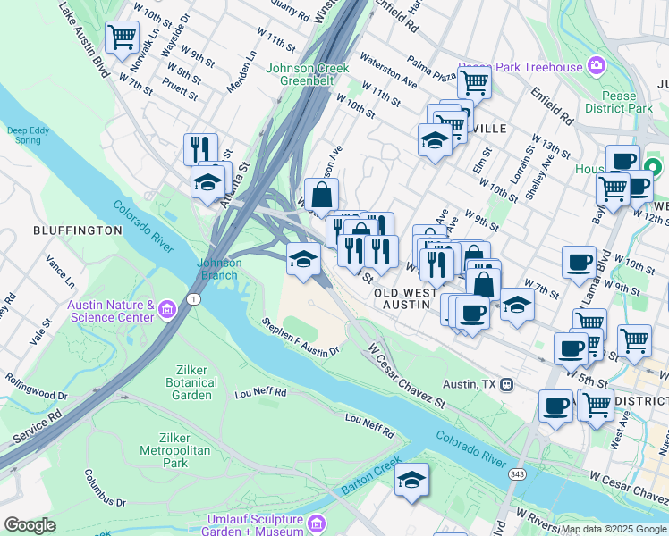 map of restaurants, bars, coffee shops, grocery stores, and more near 1703 West 5th Street in Austin