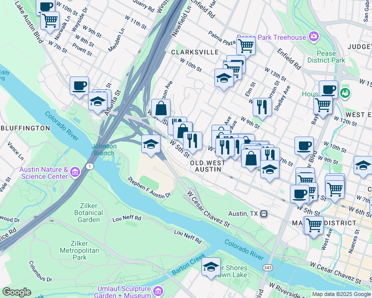map of restaurants, bars, coffee shops, grocery stores, and more near 1608 West 5th Street in Austin