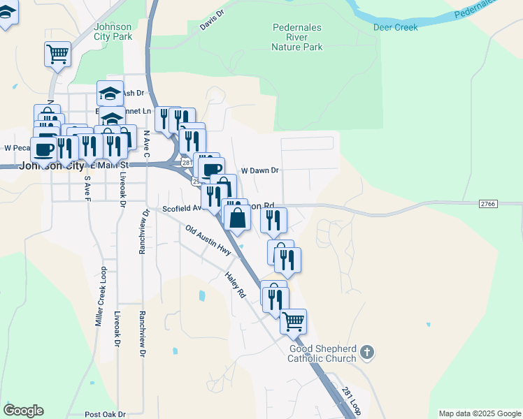 map of restaurants, bars, coffee shops, grocery stores, and more near 202 Robinson Road in Johnson City