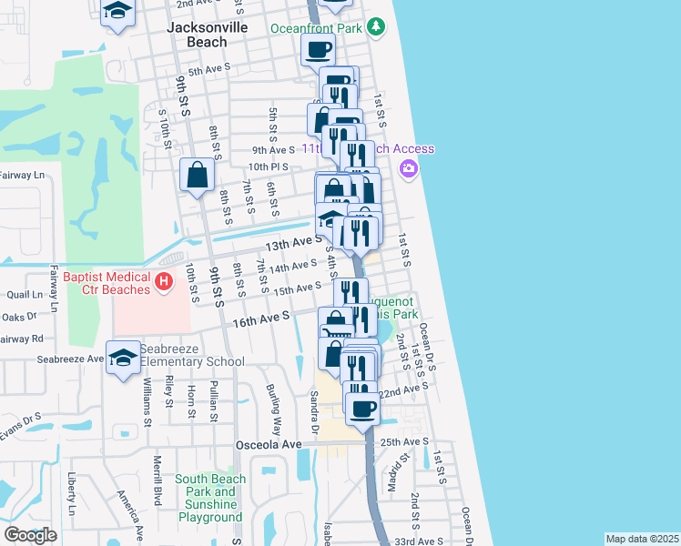 map of restaurants, bars, coffee shops, grocery stores, and more near 351 15th Avenue South in Jacksonville Beach
