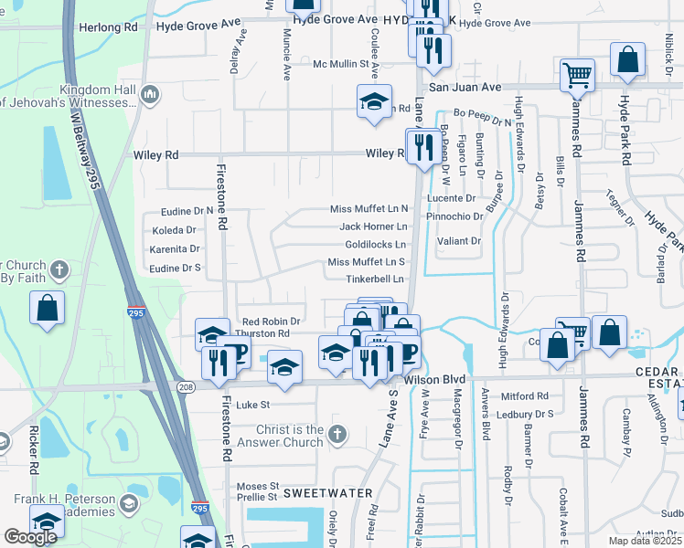 map of restaurants, bars, coffee shops, grocery stores, and more near 6851 Tinkerbell Lane in Jacksonville