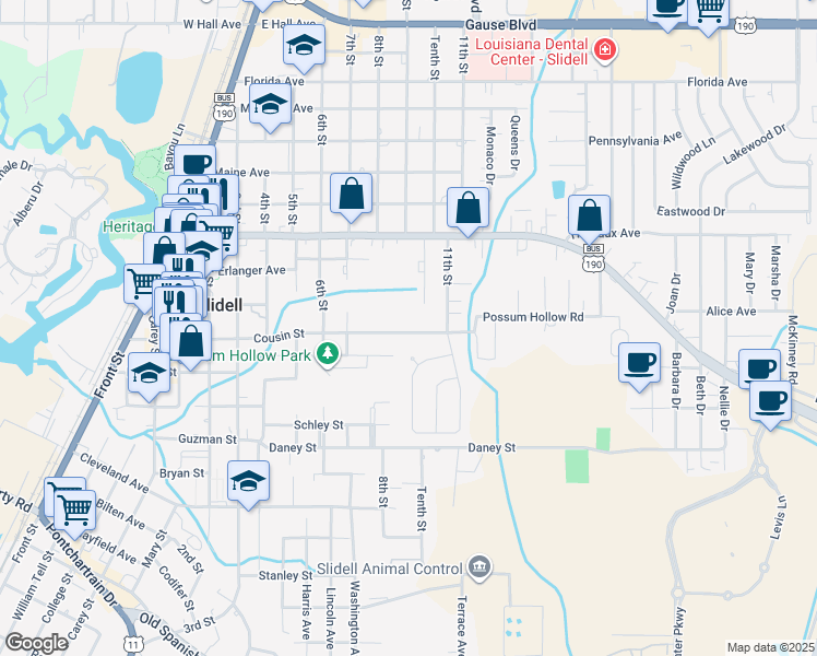 map of restaurants, bars, coffee shops, grocery stores, and more near 1124 Cousin Street in Slidell