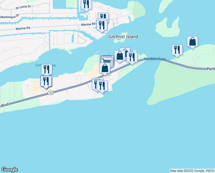 map of restaurants, bars, coffee shops, grocery stores, and more near 27284 Gulf Road in Orange Beach