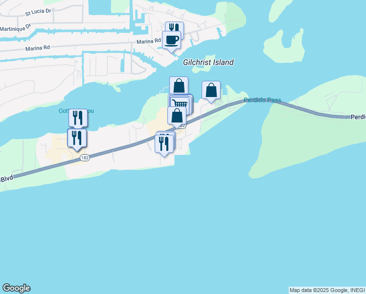 map of restaurants, bars, coffee shops, grocery stores, and more near 27284 Gulf Road in Orange Beach