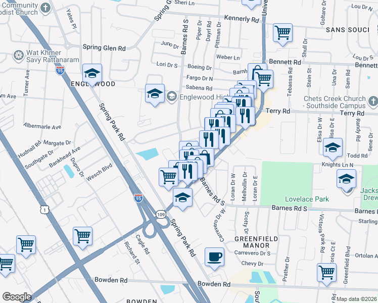map of restaurants, bars, coffee shops, grocery stores, and more near 4681 Barnes Road South in Jacksonville