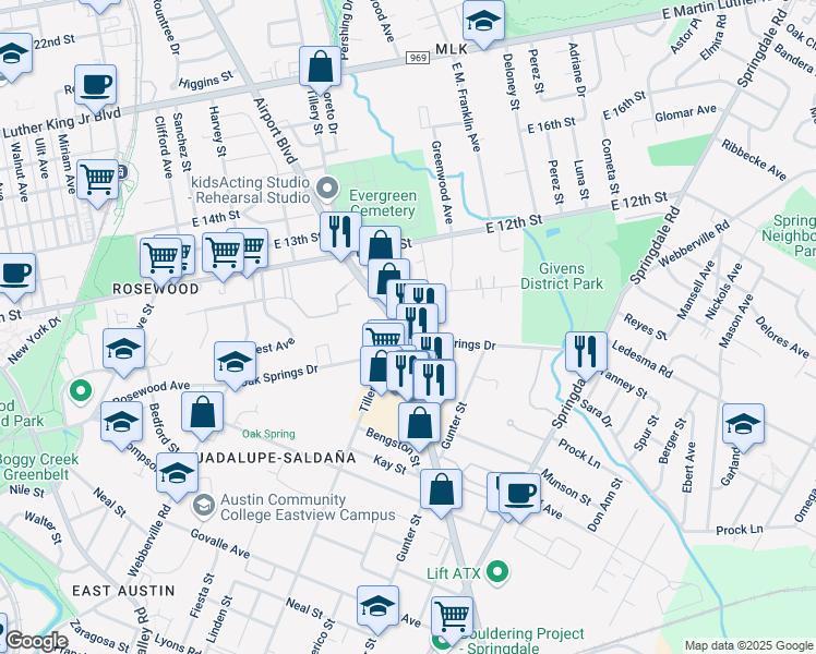 map of restaurants, bars, coffee shops, grocery stores, and more near 1157 Airport Boulevard in Austin
