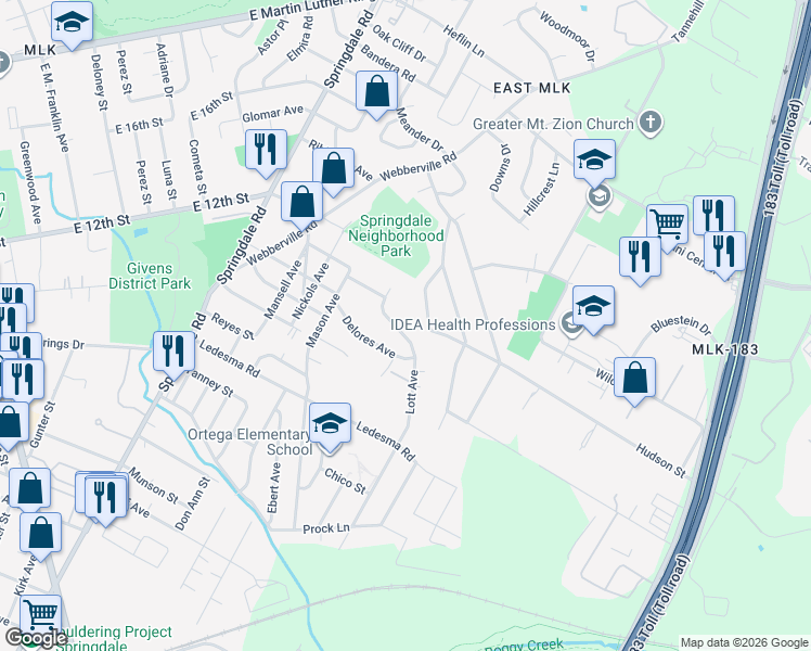 map of restaurants, bars, coffee shops, grocery stores, and more near 1151 Lott Avenue in Austin