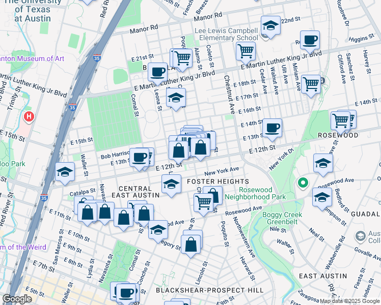 map of restaurants, bars, coffee shops, grocery stores, and more near 1805 East 13th Street in Austin