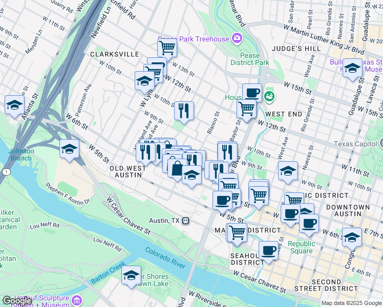 map of restaurants, bars, coffee shops, grocery stores, and more near 1205 West 8th Street in Austin