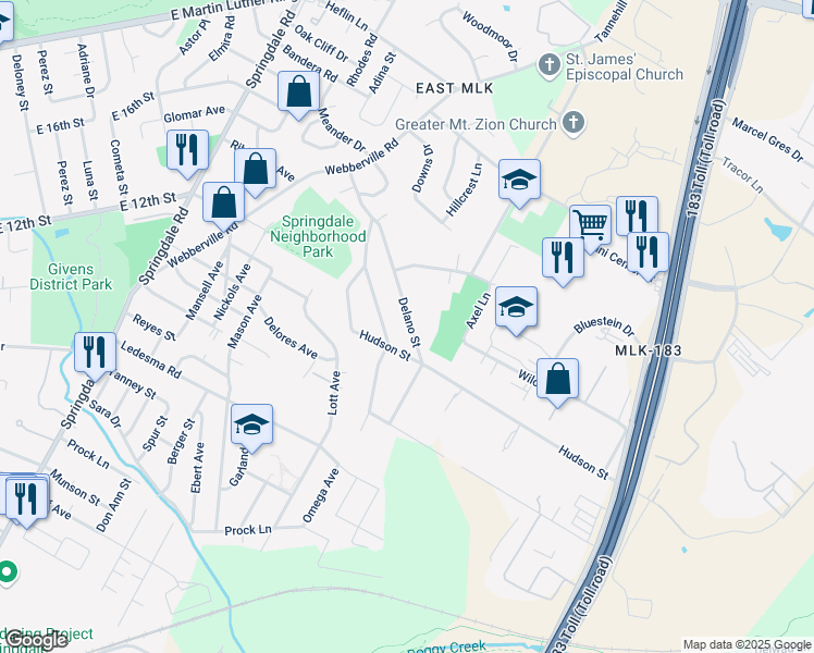 map of restaurants, bars, coffee shops, grocery stores, and more near 1216 Delano Street in Austin