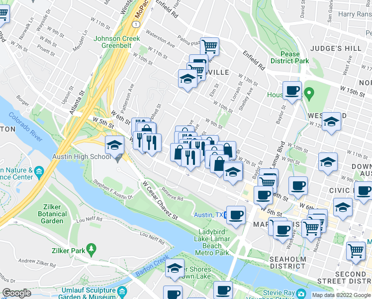 map of restaurants, bars, coffee shops, grocery stores, and more near 603 Oakland Avenue in Austin