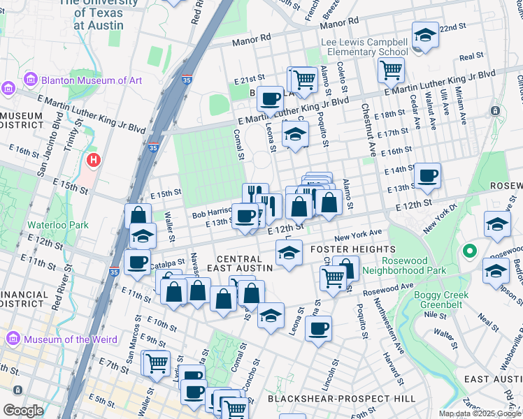 map of restaurants, bars, coffee shops, grocery stores, and more near 1504 East 13th Street in Austin