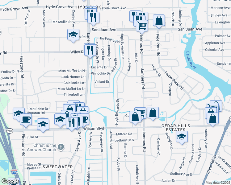 map of restaurants, bars, coffee shops, grocery stores, and more near 2414 Hugh Edwards Drive in Jacksonville