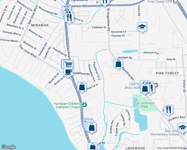 map of restaurants, bars, coffee shops, grocery stores, and more near 4509 Rosewood Avenue in Jacksonville