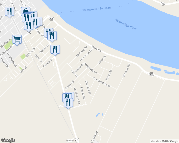 map of restaurants, bars, coffee shops, grocery stores, and more near 57718 Erwin Drive in Plaquemine