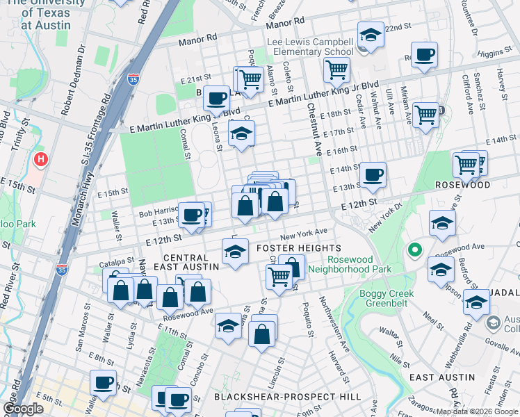 map of restaurants, bars, coffee shops, grocery stores, and more near 1805 East 13th Street in Austin