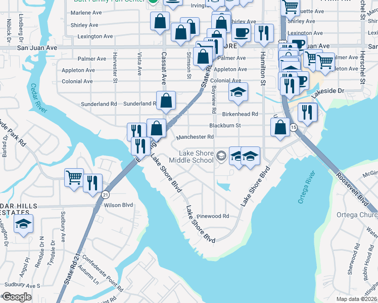 map of restaurants, bars, coffee shops, grocery stores, and more near 4742 Cambridge Road in Jacksonville