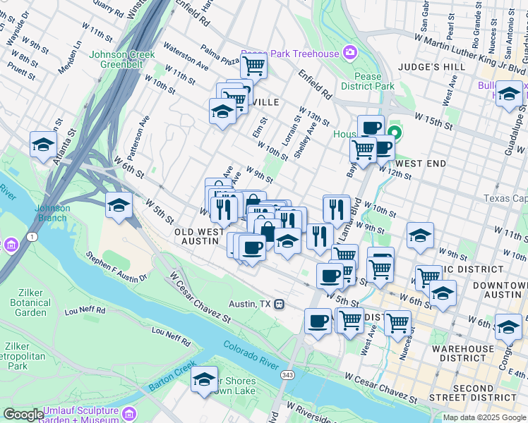 map of restaurants, bars, coffee shops, grocery stores, and more near 711 Brownlee Circle in Austin