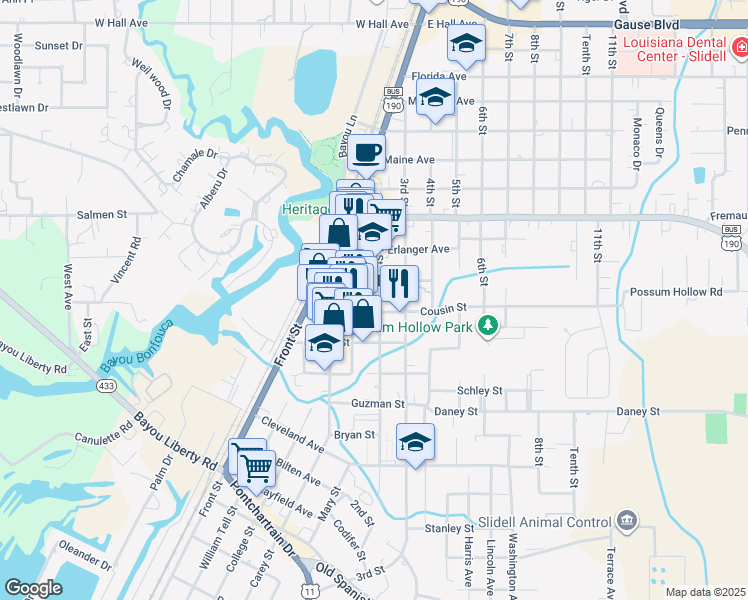 map of restaurants, bars, coffee shops, grocery stores, and more near 2130 1st Street in Slidell