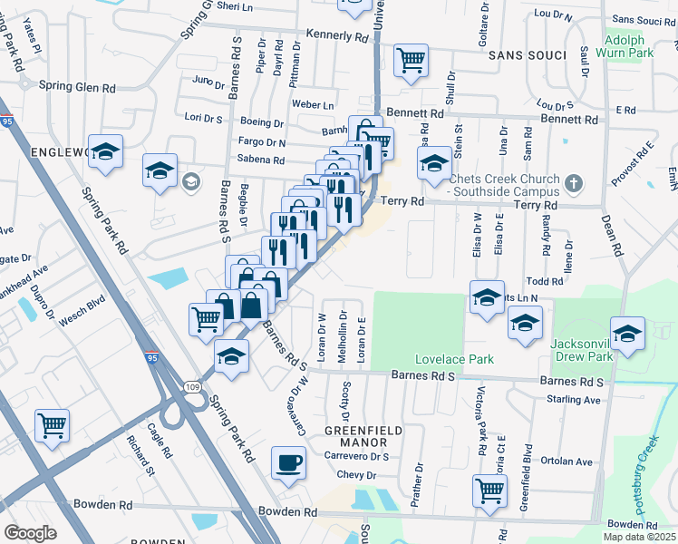 map of restaurants, bars, coffee shops, grocery stores, and more near 5845 Mount Carmel Terrace in Jacksonville