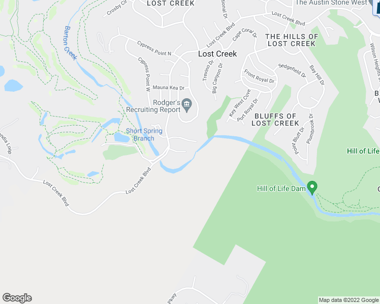 map of restaurants, bars, coffee shops, grocery stores, and more near 6101 Bend Of The River Drive in Austin