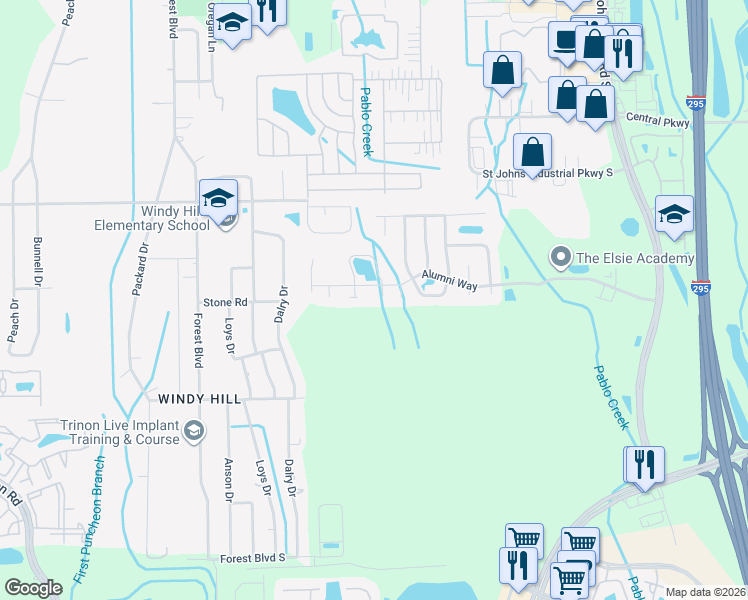 map of restaurants, bars, coffee shops, grocery stores, and more near 3916 Grand Central Place West in Jacksonville