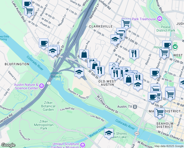 map of restaurants, bars, coffee shops, grocery stores, and more near 1612 West 5th Street in Austin
