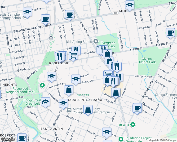 map of restaurants, bars, coffee shops, grocery stores, and more near 1177 Oak Grove Avenue in Austin