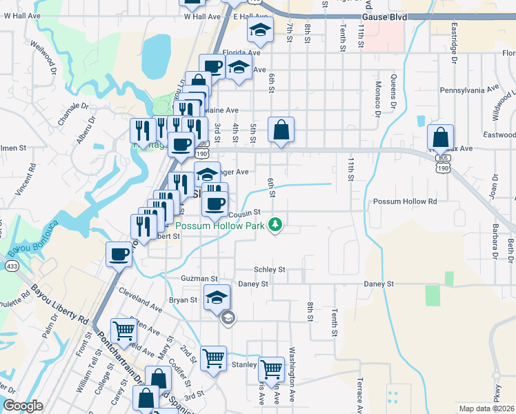 map of restaurants, bars, coffee shops, grocery stores, and more near 720 Cousin Street in Slidell