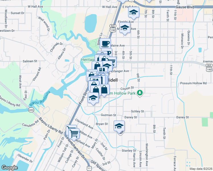 map of restaurants, bars, coffee shops, grocery stores, and more near 2130 1st Street in Slidell