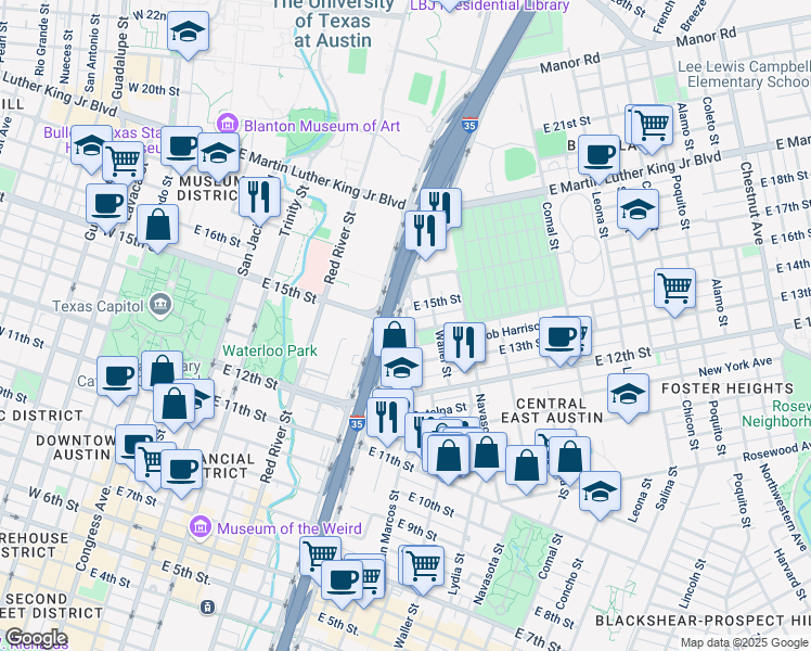 map of restaurants, bars, coffee shops, grocery stores, and more near 1402 Olander Street in Austin