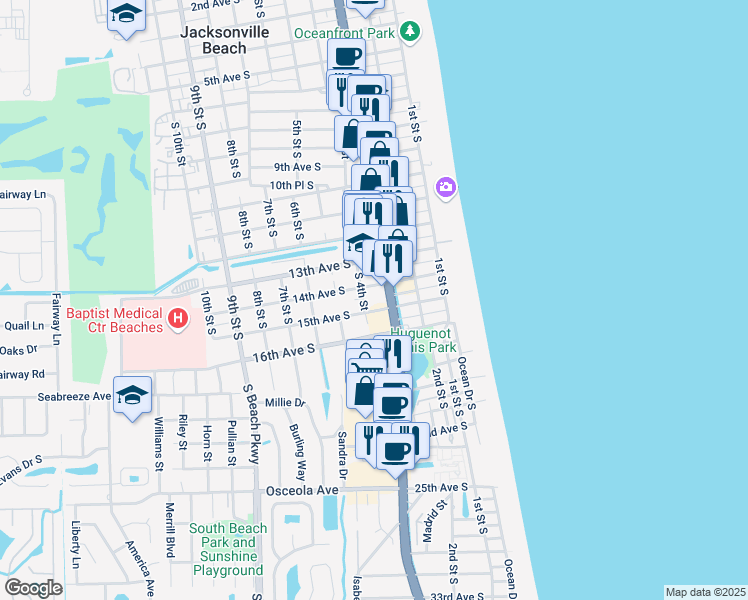 map of restaurants, bars, coffee shops, grocery stores, and more near 351 15th Avenue South in Jacksonville Beach