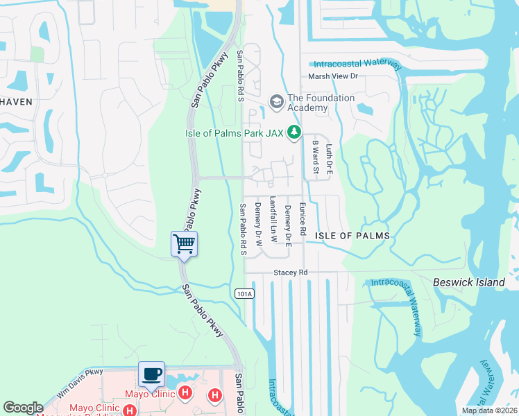 map of restaurants, bars, coffee shops, grocery stores, and more near 3921 Demery Drive West in Jacksonville