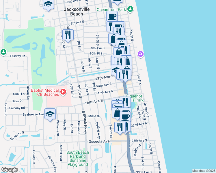 map of restaurants, bars, coffee shops, grocery stores, and more near 504 14th Avenue South in Jacksonville Beach