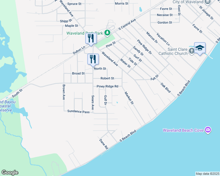 map of restaurants, bars, coffee shops, grocery stores, and more near 305 Piney Ridge Road in Waveland