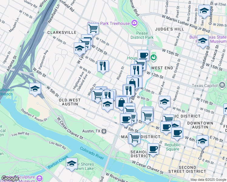 map of restaurants, bars, coffee shops, grocery stores, and more near 1111 West 9th Street in Austin