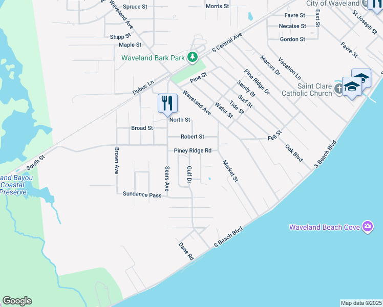 map of restaurants, bars, coffee shops, grocery stores, and more near 305 Piney Ridge Road in Waveland