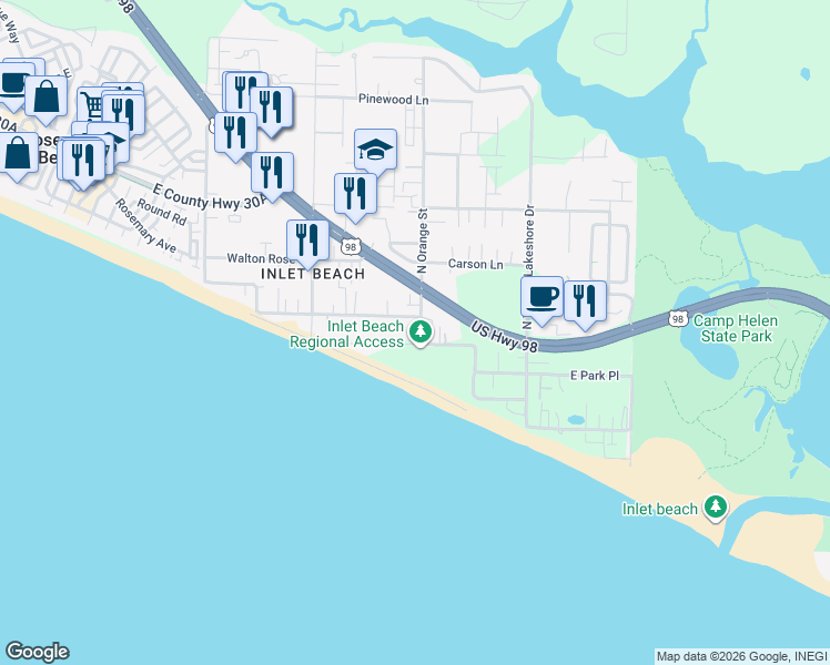 map of restaurants, bars, coffee shops, grocery stores, and more near 110 South Orange Street in Walton County