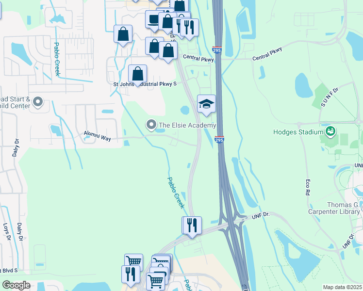 map of restaurants, bars, coffee shops, grocery stores, and more near 11250 Alumni Way in Jacksonville