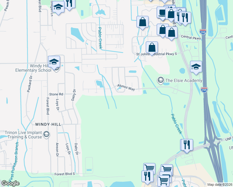 map of restaurants, bars, coffee shops, grocery stores, and more near 3911 Burning Leaf Court in Jacksonville