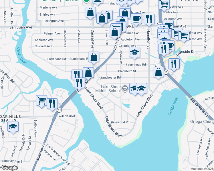 map of restaurants, bars, coffee shops, grocery stores, and more near 4742 Cambridge Road in Jacksonville