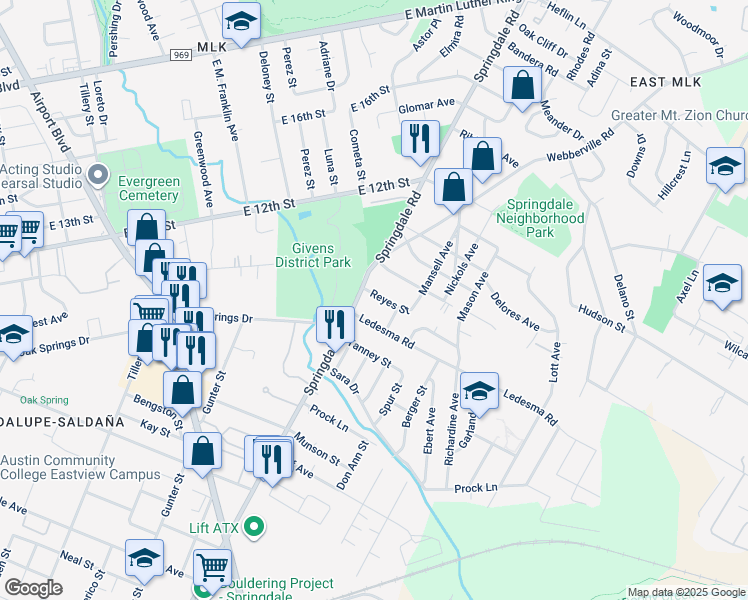 map of restaurants, bars, coffee shops, grocery stores, and more near 4607 Reyes Street in Austin