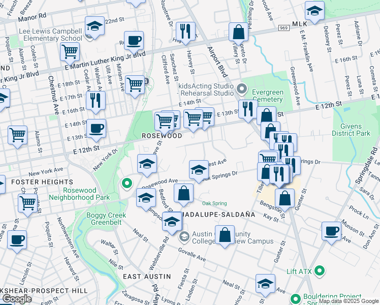 map of restaurants, bars, coffee shops, grocery stores, and more near 1185 Pandora Street in Austin