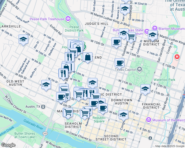 map of restaurants, bars, coffee shops, grocery stores, and more near 1005 West Avenue in Austin