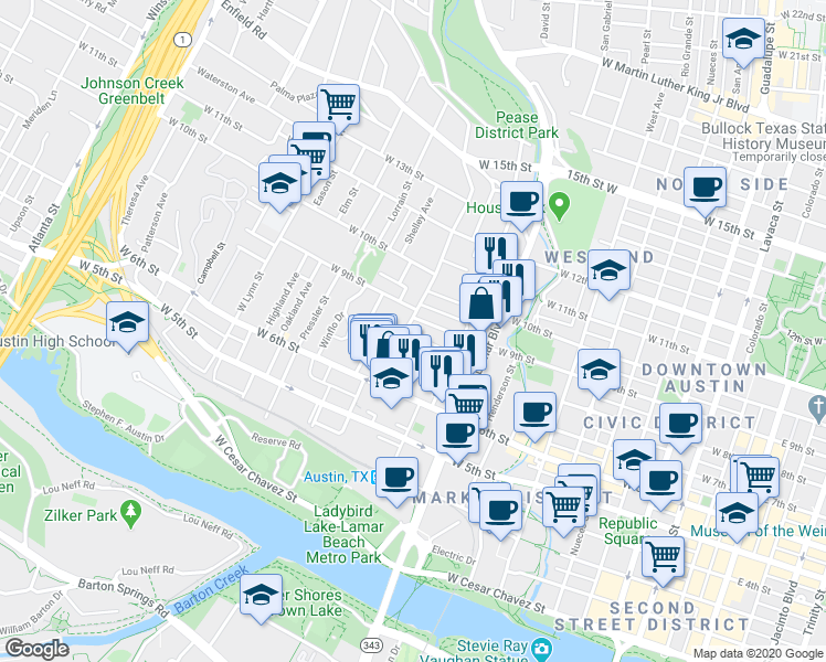 map of restaurants, bars, coffee shops, grocery stores, and more near 1111 West 9th Street in Austin