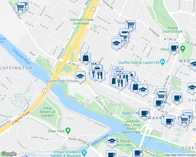 map of restaurants, bars, coffee shops, grocery stores, and more near 1612 West 5th Street in Austin