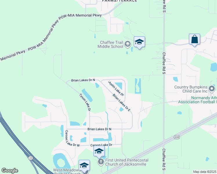 map of restaurants, bars, coffee shops, grocery stores, and more near 2231 Brian Lakes Drive East in Jacksonville